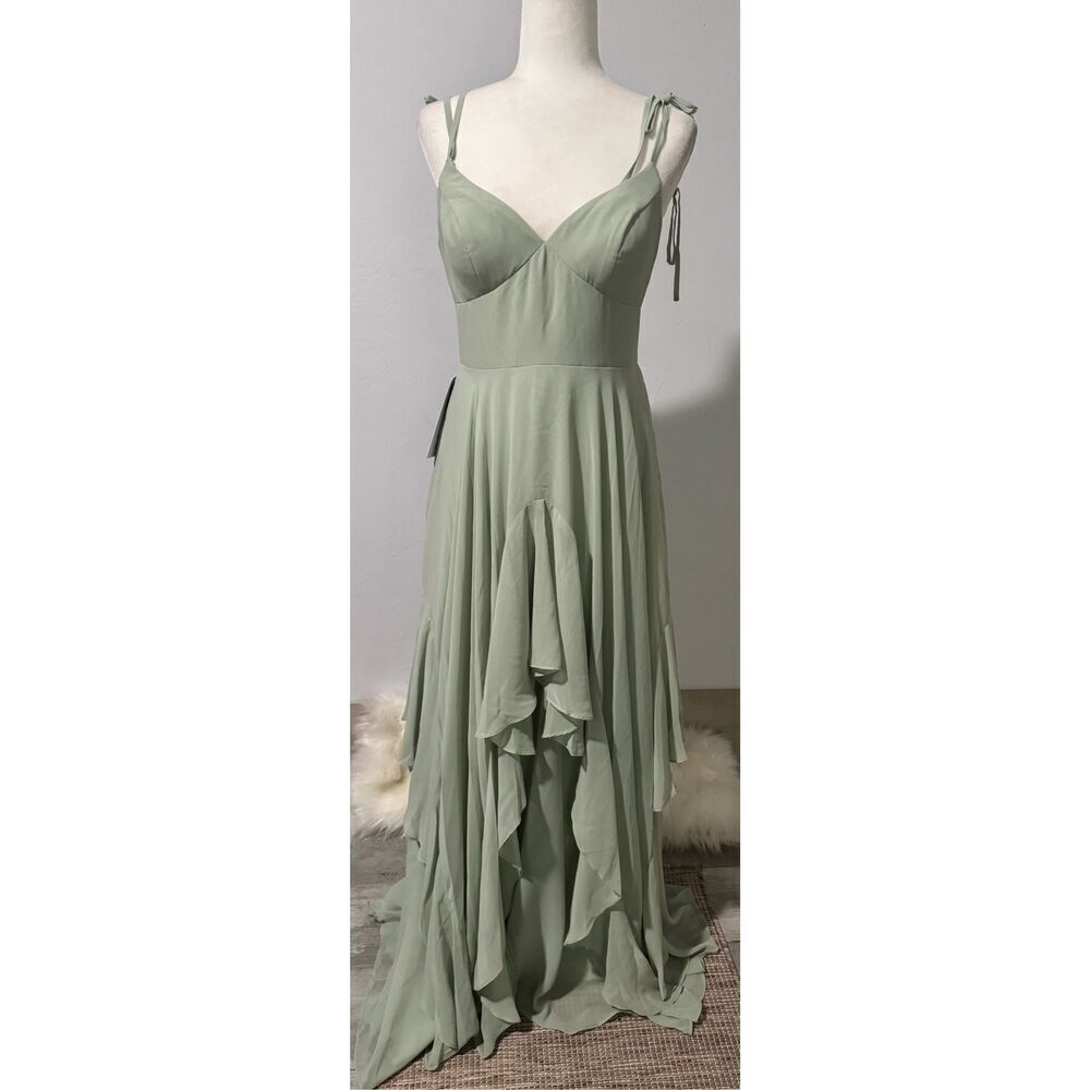 Azazie Barbie NWT  Briadsmaid A8 v neck chiffon tiered a line dress dusty sage A - Picture 2 of 14
